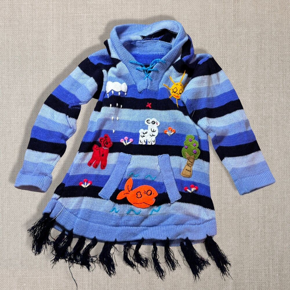 Peruvian Arpillera Girls 5/6 Hooded Sweater Hand Knit Embroidered Folk Art